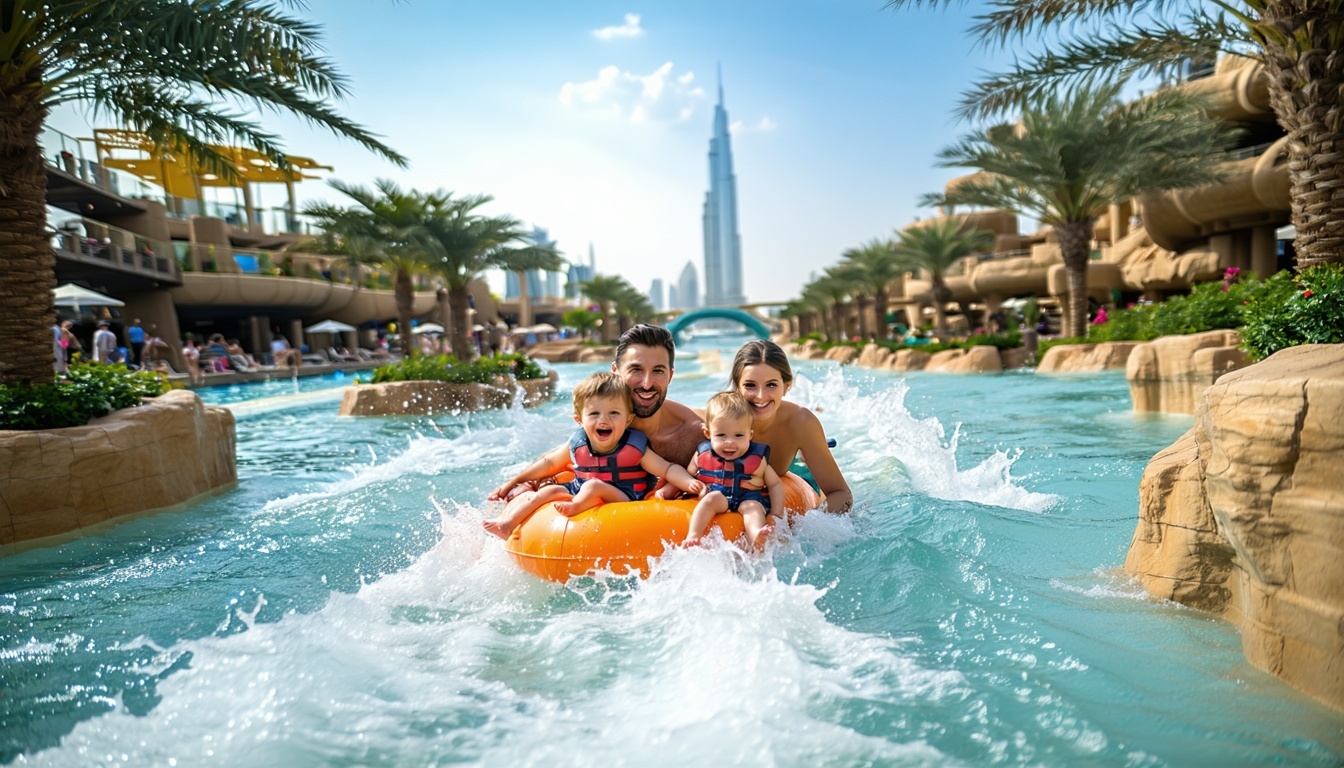 Family enjoying the lazy river at Aquaventure World Dubai