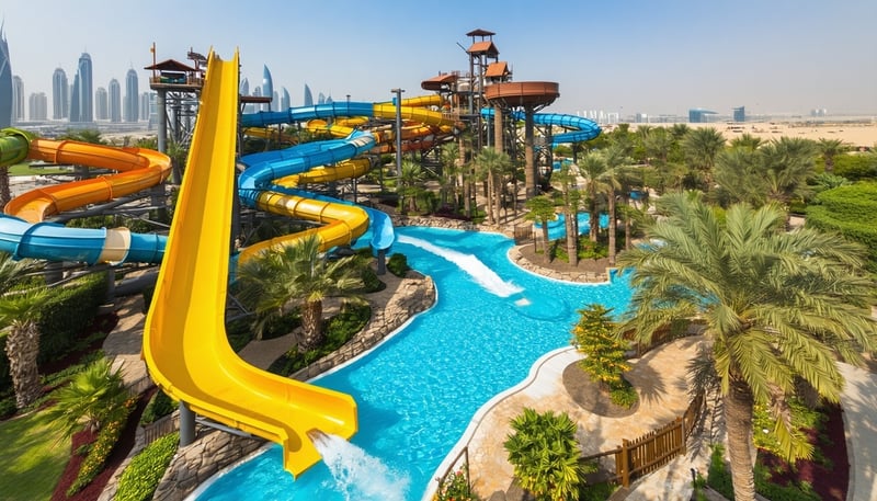 Aerial view of Aquaventure World Dubai, showcasing thrilling water slides and attractions. Aerial view of Aquaventure World Dubai, showcasing thrilling water slides and attractions.